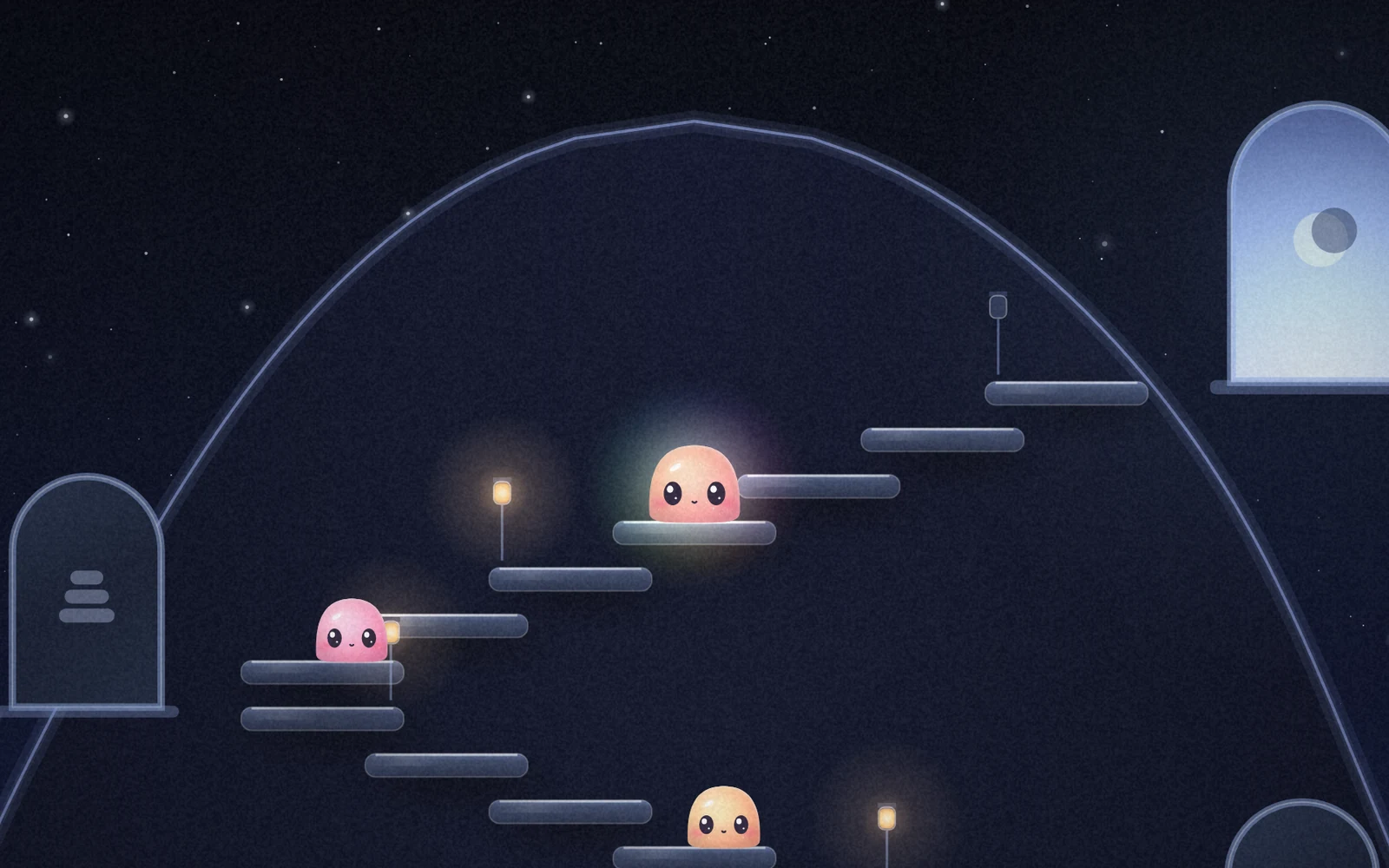 The top of the hill at night: a cool glowing door with the moon in it, lit lanterns, and small goos on the stairs below.