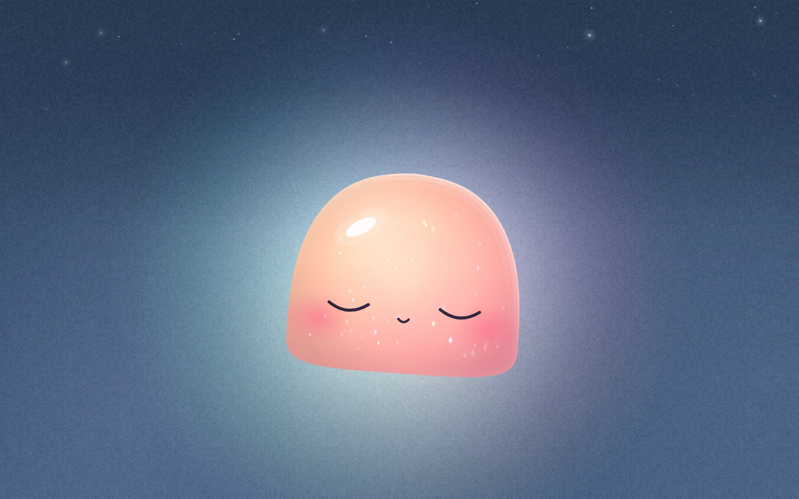 The goo asleep, eyes closed, glowing softly in a quiet night sky.