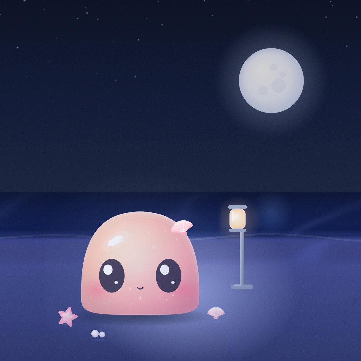 A small peach goo on a moonlit beach beside a lit lantern, with the moon high on the right