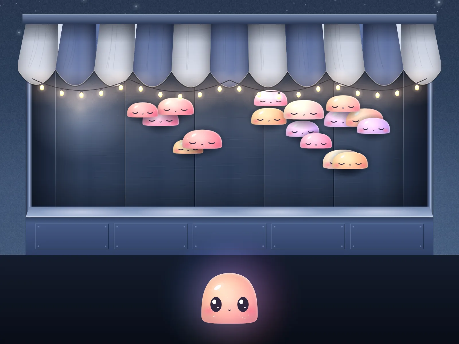 Soft putty blobs in pink, peach and lilac stuck across the back wall of a fair booth under a string of warm bulbs, and a small peach goo glowing on the dark floor below.
