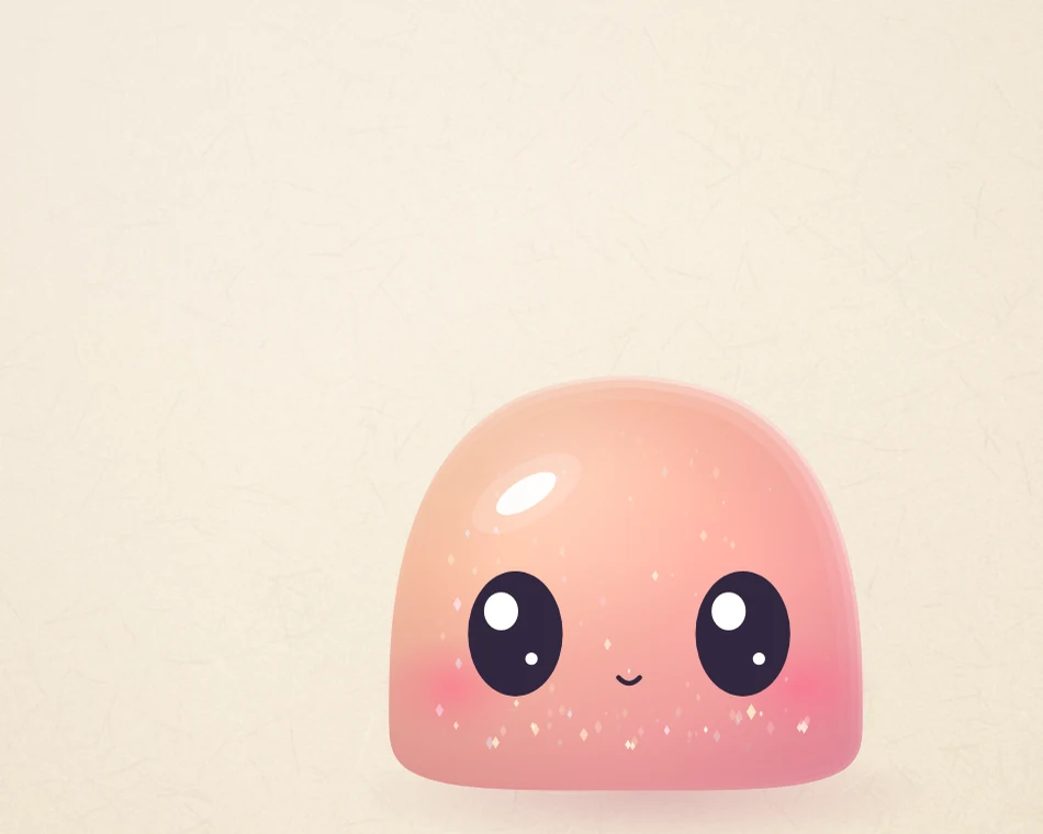 A peach goo with big dark eyes and a small smile, flecked with glitter, on warm paper
