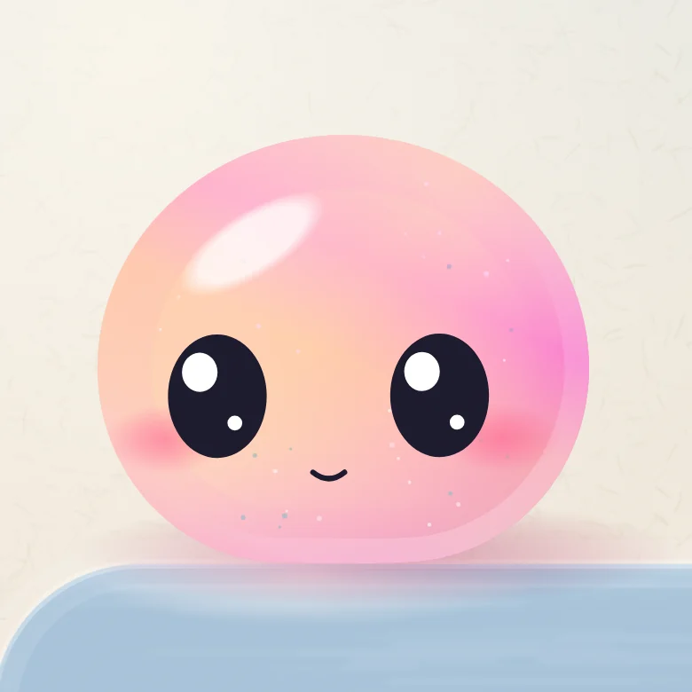Close-up of the round peach goo with big dark eyes and a small smile, resting on a frosted step on cream paper.