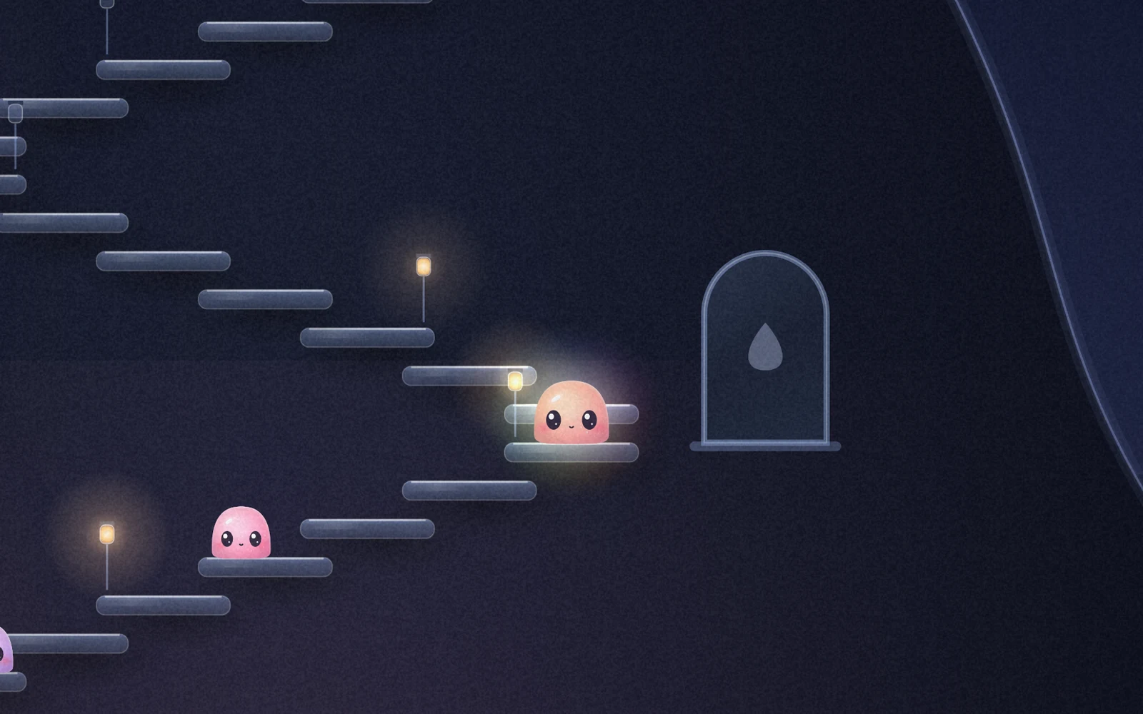 A small goo standing on frosted glass stairs that zigzag up a dark hill, with warm lanterns and a glass door.