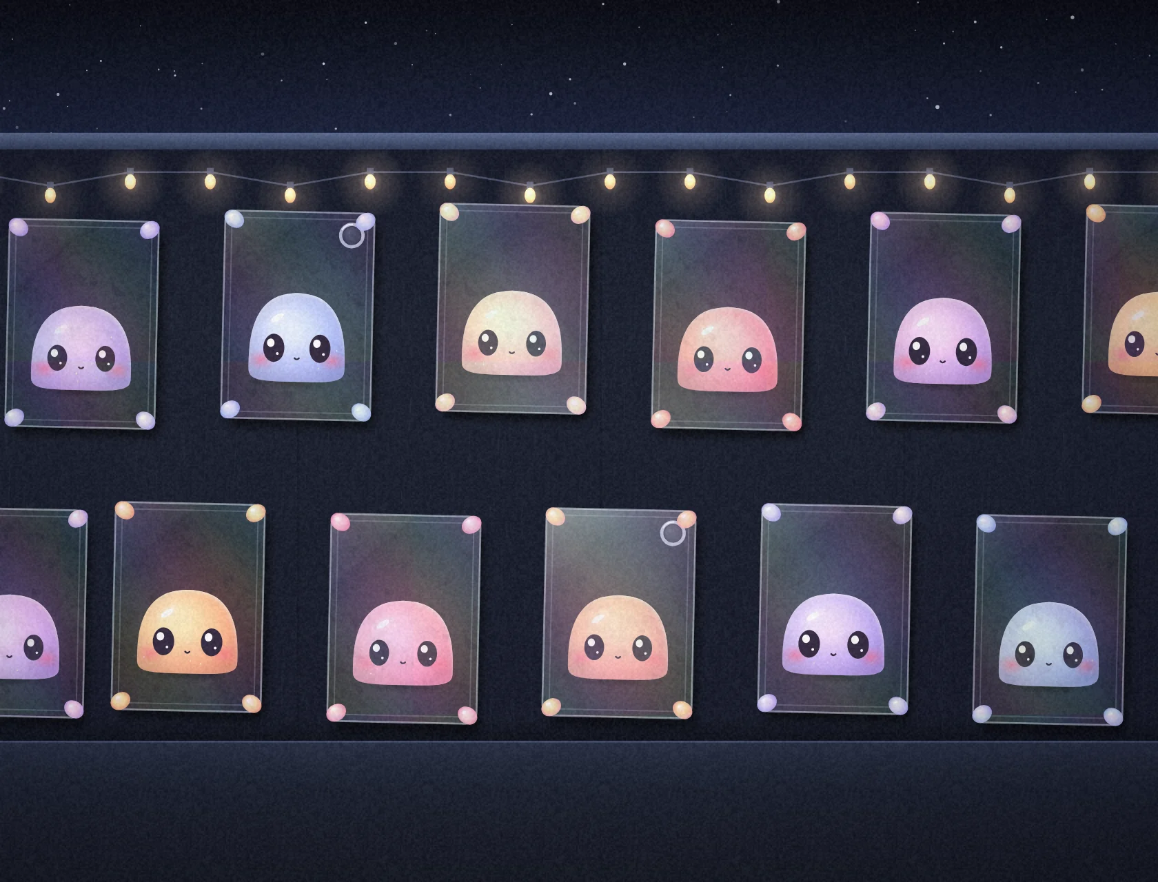 Dark glass cards, each holding a little goo, stuck to a night wall with putty under a string of warm bulbs