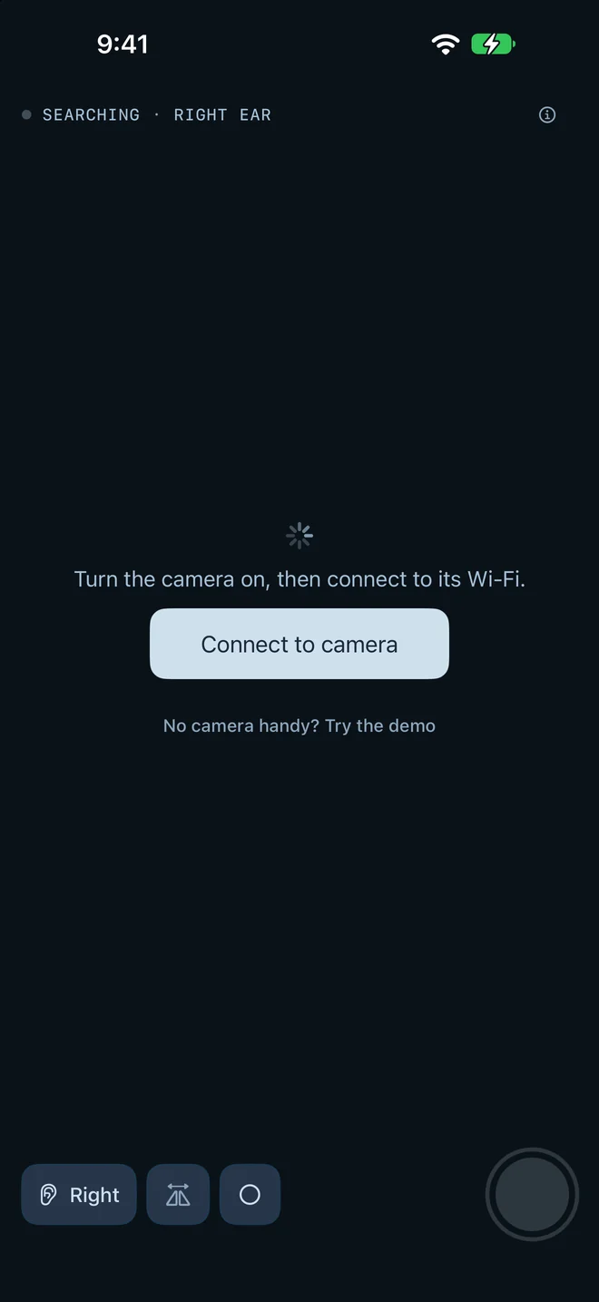 Spade Cam searching for a camera: the line Turn the camera on, then connect to its Wi-Fi, the Connect to camera button, and a link to try the demo