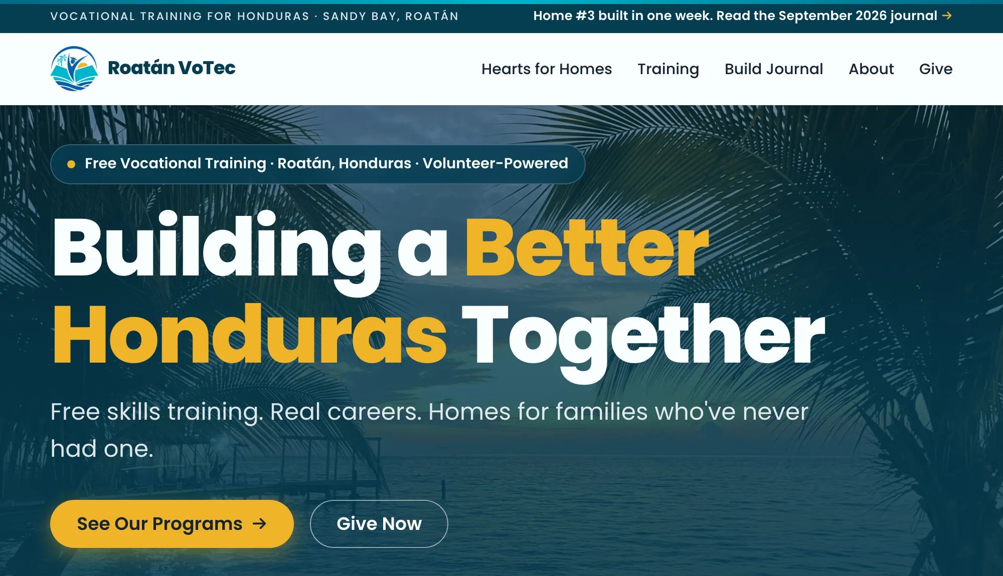 Screenshot of the live roatanvotec.com home page